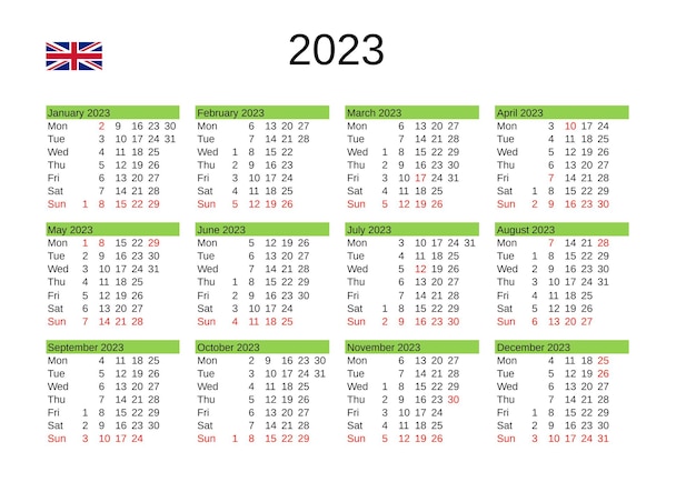 Plik wektorowy kalendarz na rok 2023 w języku angielskim ze świętami wielkiej brytanii