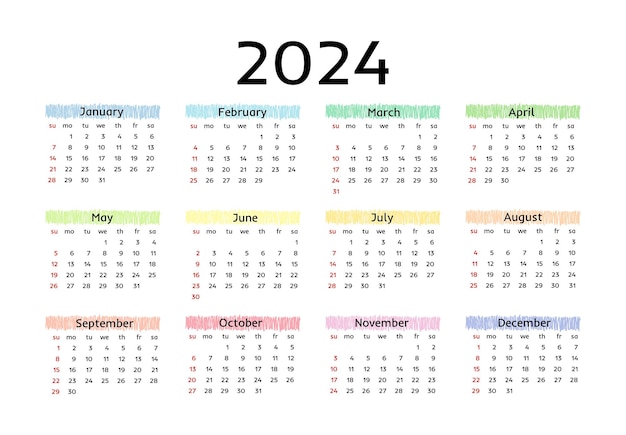 Kalendarz Na Rok 2024 Na Białym Tle Od Niedzieli Do Poniedziałku Szablon Biznesowy Ilustracja Wektorowa