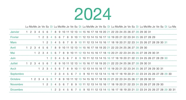 Plik wektorowy kalendarz na rok 2024 w tygodniu francuskim rozpoczyna się od poniedziałku