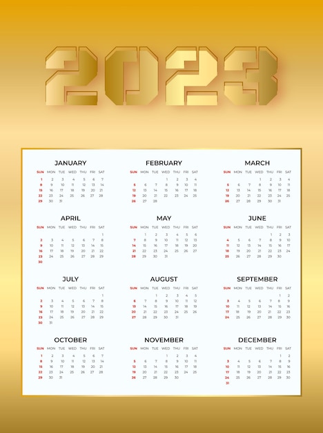 Plik wektorowy kalendarz nowego roku 2023 ze złotym kolorem tła i złotym tekstem