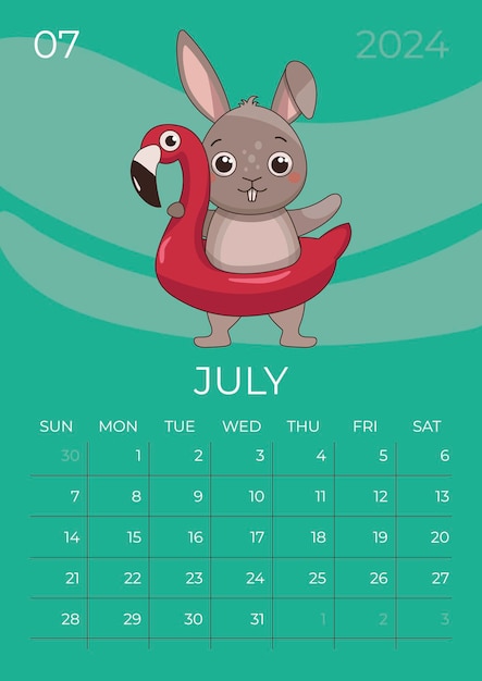 Plik wektorowy kalendarz pionowy dla dzieci 2024 miesiąc lipca królik trzyma nadmuchiwany pierścień w kształcie flaminga