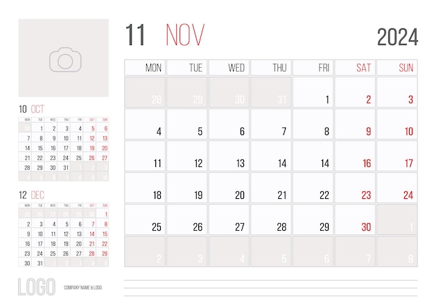 Plik wektorowy kalendarz planowania 2024 projekt szablonu korporacyjnego miesiąc listopad