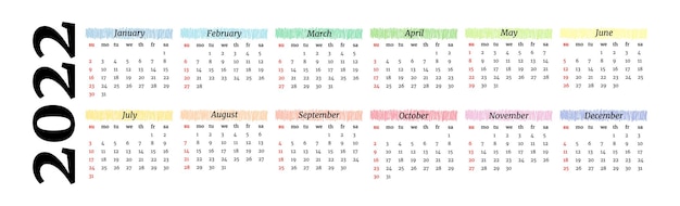 Plik wektorowy kalendarz poziomy na rok 2022 na białym tle. od niedzieli do poniedziałku, szablon biznesowy. ilustracja wektorowa