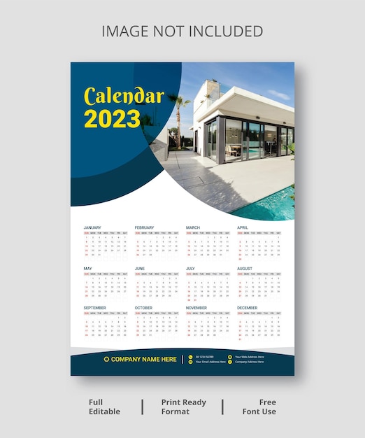Kalendarz ścienny 2023, Jednostronicowy Kalendarz ścienny Design Tamplate