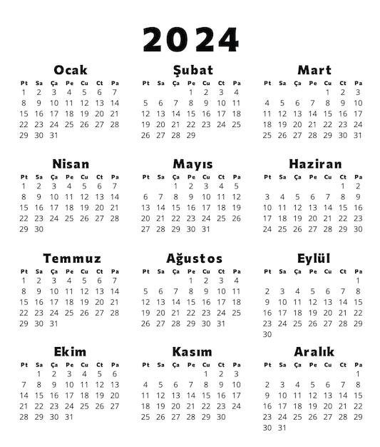 Plik wektorowy kalendarz turkicki na rok 2024 ilustracja wektorowa do drukowania i edytowania dla turcji 12 miesięcy rok takvim