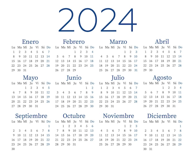 Plik wektorowy kalendarz w języku hiszpańskim na rok 2024 tydzień zaczyna się w poniedziałek