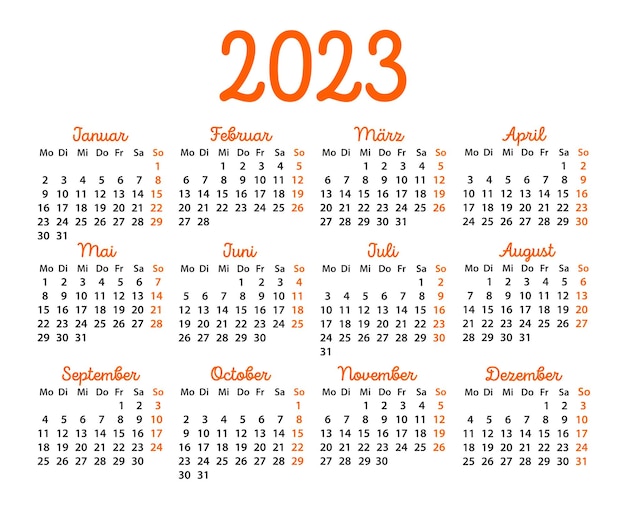 Plik wektorowy kalendarze w języku niemieckim na rok 2023 na białym tle siatki kalendarza kalendarz kieszonkowy ilustracja wektorowa tydzień zaczyna się w poniedziałek