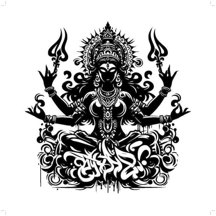 Wektor kali bóstwo mitologia silueta bóstwo w graffiti tag hip hop street art typografia ilustracja