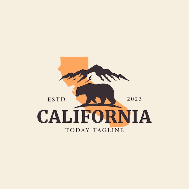 Kalifornijska Typografia Vintage Logo Niedźwiedzia Grizzly Wektor Gór I Ilustracja Mapy Projekt Symbolu Dla Odznaki, Naklejki, Etykiety, Marki, Koszulki