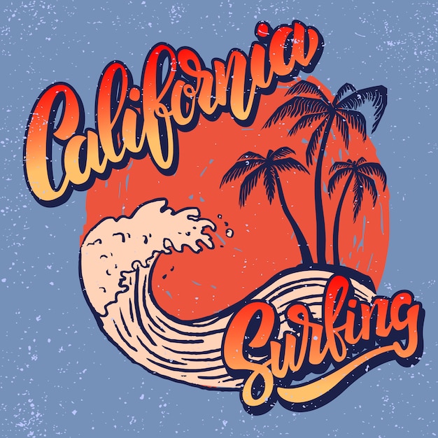 Kalifornijski Jeździec Surfingowy. Szablon Plakatu Z Napisem I Palmami. Wizerunek