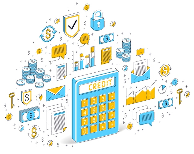 Kalkulator Pomysł Na Białym Tle, Koncepcja Kredytu. Izometryczne 3d Ilustracji Wektorowych Finansów Z Ikonami, Wykresami Statystyk I Elementami Projektu.