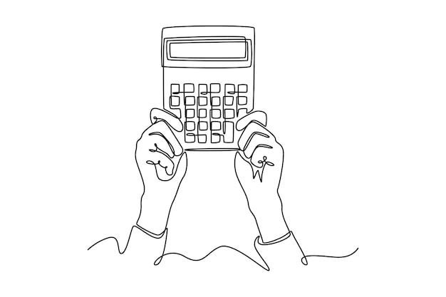 Kalkulator z długopisem Kalkulator Smartfon Koncepcja laptopa Projekt rysunku pojedynczej linii Grafika wektorowa