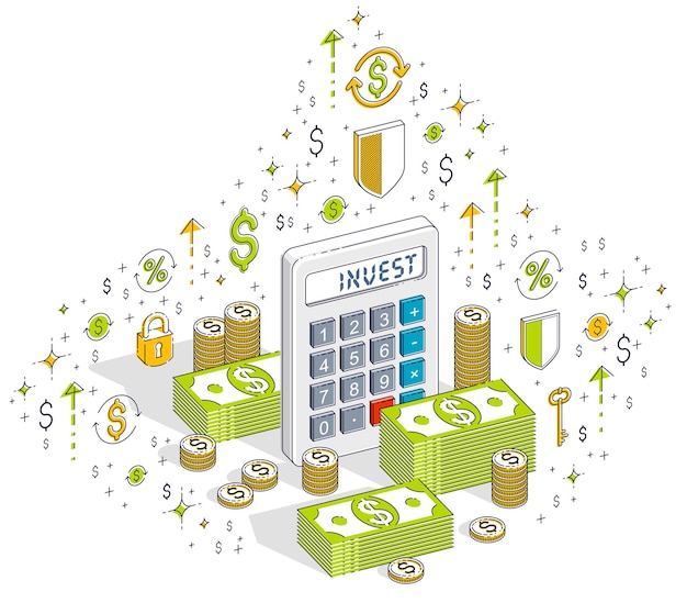 Kalkulator Ze Stosami Pieniędzy Gotówkowych I Stosami Monet Na Białym Tle, Koncepcja Inwestowania. Izometryczne 3d Ilustracji Wektorowych Finansów Z Ikonami, Wykresami Statystyk I Elementami Projektu.