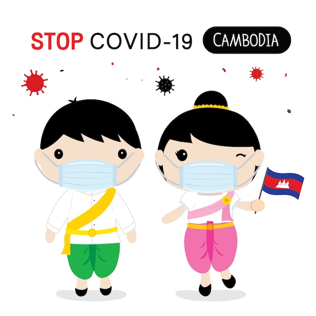 Kambodża, Aby Nosić Strój Narodowy I Maskę, Aby Chronić I Zatrzymać Covid-19. Coronavirus Cartoon For Infographic.