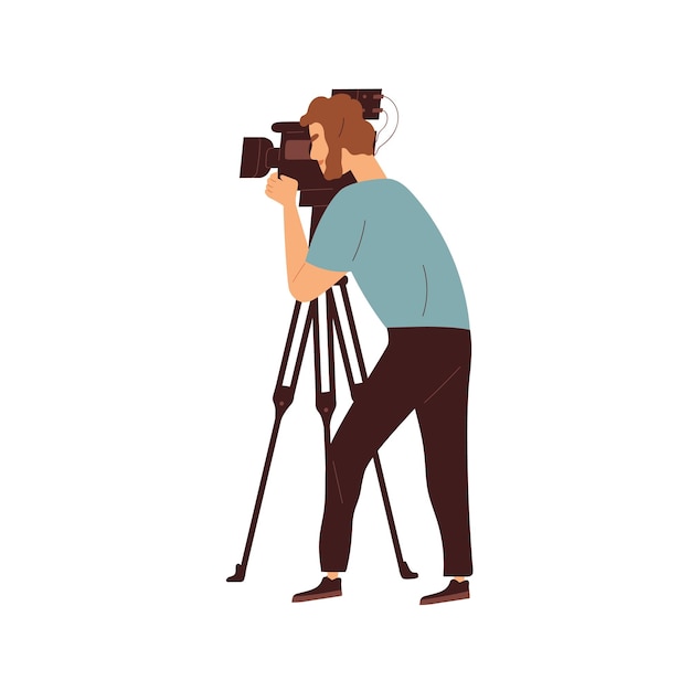 Plik wektorowy kamerzysta stojący z profesjonalną kamerą na statywie, strzelanie i nagrywanie. mężczyzna, operator telewizyjny pracuje ze sprzętem wideo. kolorowe płaskie wektor ilustracja kamerzysta na białym tle
