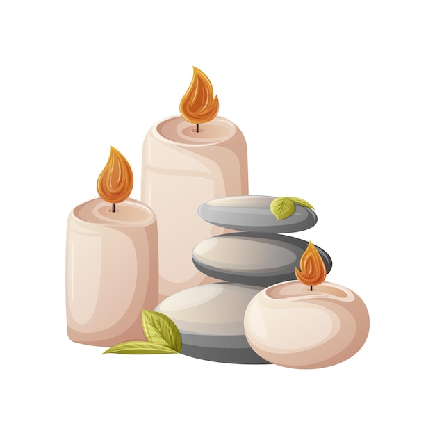 Plik wektorowy kamienie spa otoczone płonącymi świecami równowaga dekoracyjny dodatek do masażu w salonie