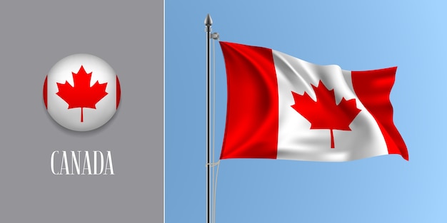 Kanada Macha Flagą Na Maszcie I Okrągłej Ikonie, Makieta W Paski I Liść Klonu Kanadyjskiej Flagi I Przycisk Koła