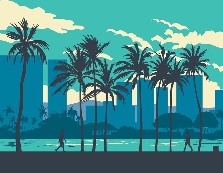 Wektor kanał ala wai z pejzażem miejskim w dystrykcie waikiki honolulu na hawajach plakat wpa