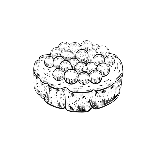 Kanapka Z Kawiorem Trawienie Szkic Kanapka Z Kawiorem Jaja Czerwonego łososia Z Kawałkiem Chleba Wektor Luksusowa Solona Przekąska Ręcznie Narysowana Linia Projekt Kanapki Czarna Kreskówka Grawerowany Rysunek Owoców Morza