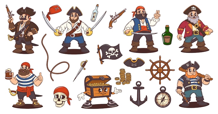 Wektor kapitan piratów, korsarze, marynarze.