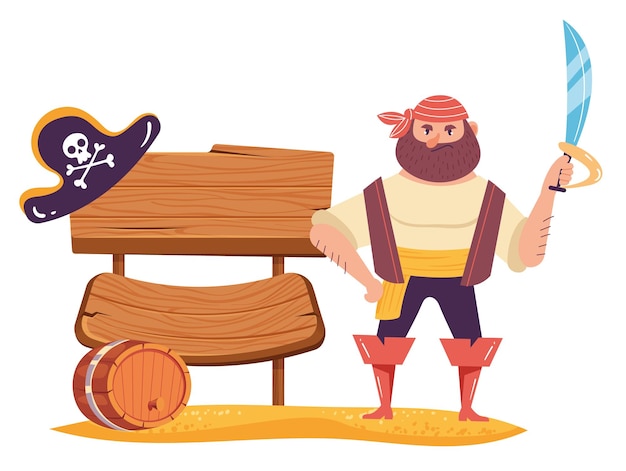 Kapitan piratów żagiel z drewnianą deską do koncepcji tekstu na białym tle projekt graficzny