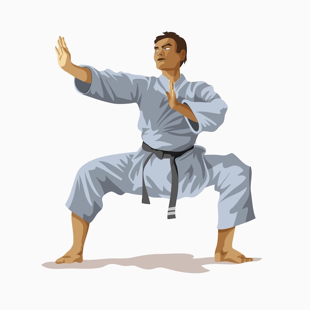 Karate Man Białe Kimono Z Czarnym Pasem Stojące I ćwiczące W Ringu, Mistrz świata. Ilustracja Wektorowa Koncepcja Treningu Karate. Kungfu, Ninja, Wojownik.