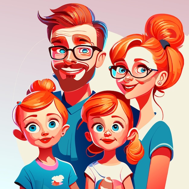 Plik wektorowy karikatura rodziny z dwójką dzieci, sztuka cyfrowa, pełna głowy i ramion, żywo realistyczna.