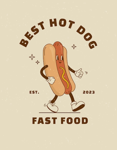 Plik wektorowy karikaturowa postać hot dogów w stylu retro lat 70. ilustracja wektorowa street food vintage poster maskotki