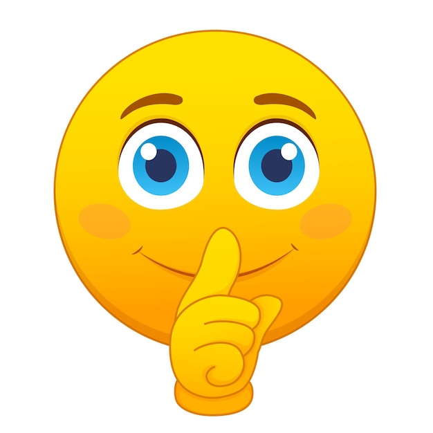 Karikaturowe emoji cisza gest cisza tajemnica żółta emoji twarz z dużymi niebieskimi oczami uśmiechając się i trzymając