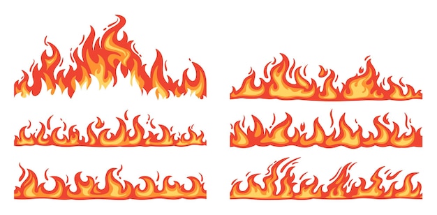 Karikaturowe granice ognia Ramka płomienia płonące podziały gorące płomienne banery Wildfire ogień obozowy i zapalić elementy ścieżka ognia i łatwopalna granica odizolowany zestaw wektorów