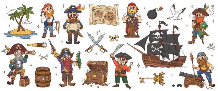 Wektor karikaturowe piratowskie postacie statku i mapy