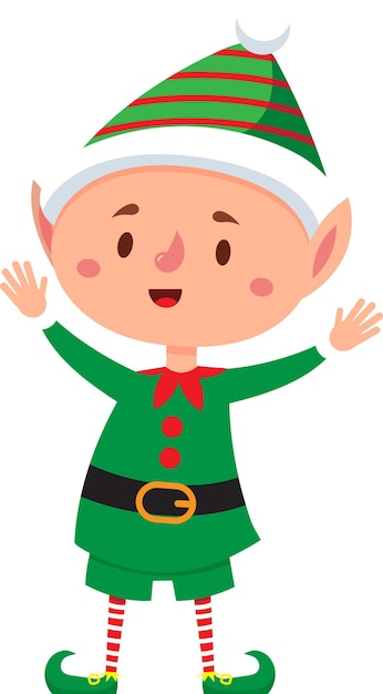 Karikaturowy świąteczny elf macha i uśmiecha się w zielono-czerwonym kostiumie izolowanym na białym tle idealny do projektów o tematyce świątecznej