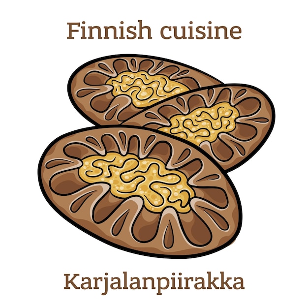 Plik wektorowy karjalanpiirakka skorupa żytnia jest tradycyjnie wypełniona owsianką ryżową i zwieńczona masłem jajecznym fińskie jedzenie wektor izolowany
