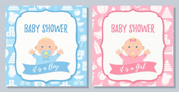 Karta Baby Shower. Wektor. Chłopczyk, Dziewczyna Zaprosić Projekt. Płaskie Ilustracja Kreskówka