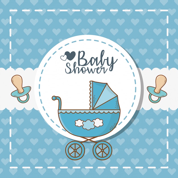 Karta baby shower z niebieskim wózkiem