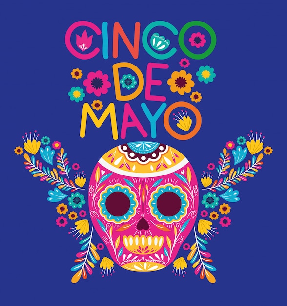 Karta Cinco De Mayo Z Kwiatami I Maską Czaszki