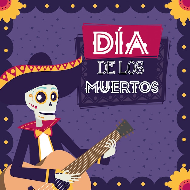 Karta Dia De Los Muertos Z Czaszką Mariachi Grającą Na Gitarze