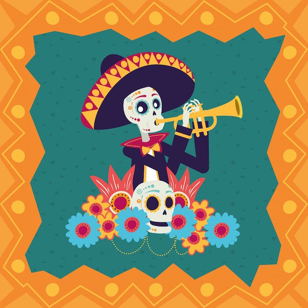 Karta Dia De Los Muertos Z Trąbką Mariachi Czaszki