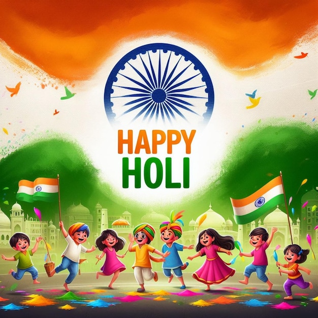 Plik wektorowy karta dnia holi z motywem flagi indyjskiej radość dziecka na karcie dnia holi