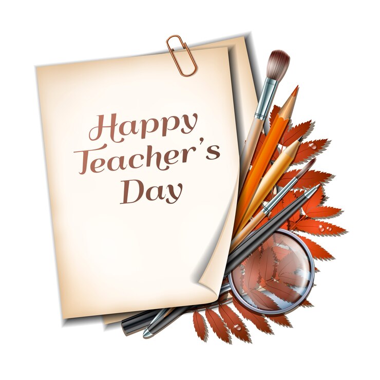 Wektor karta dnia nauczyciela. arkusz papieru z napisem happy teachers day z jesiennych liści, długopisów, ołówków, pędzli i lupy na tekstury tła drewniane.