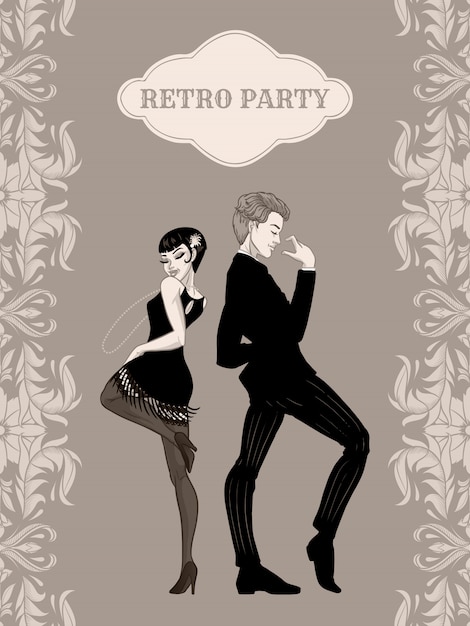 Plik wektorowy karta firmowa w stylu retro, mężczyzna i kobieta ubrani w stylu tańca lat dwudziestych, dziewczyny klapy przystojny facet w garniturze w stylu vintage, lata dwudzieste, ilustracja