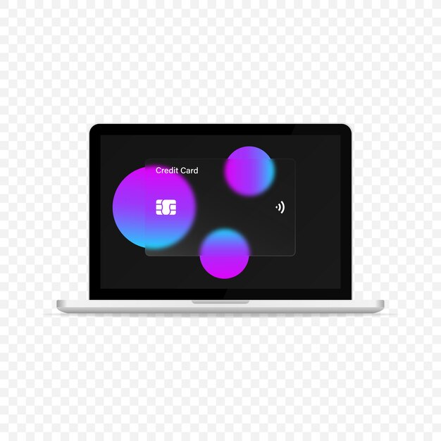 Karta Kredytowa Glassmorphism Z Makietą Laptopa. Płatność Online. Makieta Karty Kredytowej. Styl Szkłomorfizmu. Koncepcja Płatności Bezgotówkowych. Realistyczne Karty Bankowe Ze Szkła Morficznego. Grafika Wektorowa. Eps 10