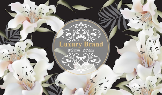 Karta luksusowej marki z białymi kwiatami lilii. Eleganccy kwieciści tło wektory