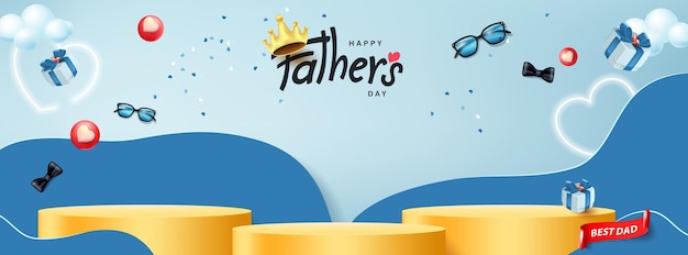 Karta Na Dzień Ojca Z Cylindrycznym Kształtem Wyświetlacza Produktu I Pudełkiem Prezentowym Dla Taty Na Niebieskim Tle