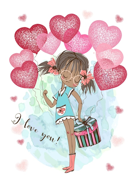 Plik wektorowy karta na walentynki słodka dziewczyna z balonami w kształcie serca tło akwarelowe wektor