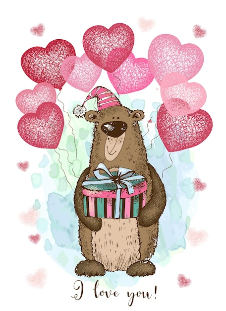 Plik wektorowy karta na walentynki słodki pluszowy niedźwiedź z balonami w kształcie serca akwarelowy tło wektor