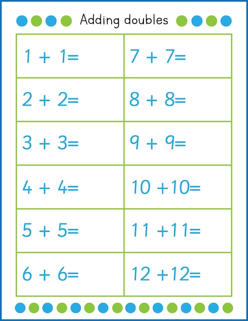 Plik wektorowy karta pracy z matematyki dla dzieci. dodanie podwójnej aktywności dla szkoły i szkoły domowej. praktyka dodawania