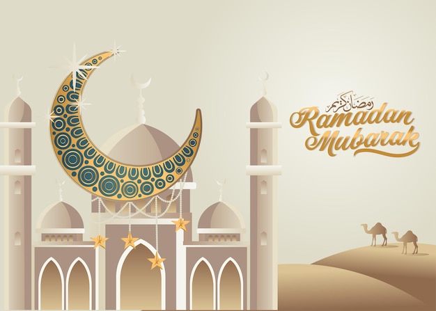 Karta Ramadan Mubarak złoty półksiężyc lampy kopuły meczetu i arabska kaligrafia luksusowy projekt
