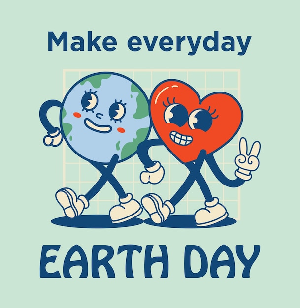 Plik wektorowy karta retro happy earth day z hasłem vintage nostalgia kreskówka maskotka planeta z uśmiechniętą twarzą globus z gestem ręki pokoju przyjazna dla środowiska koncepcja recyklingu