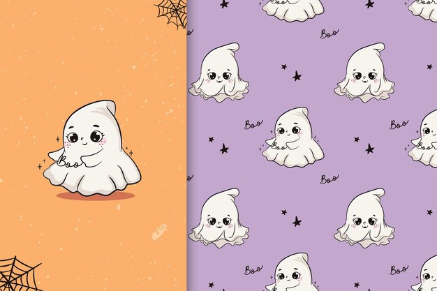 Karta słodkiego ducha halloween i bezproblemowa wzór ilustracji wektorowych